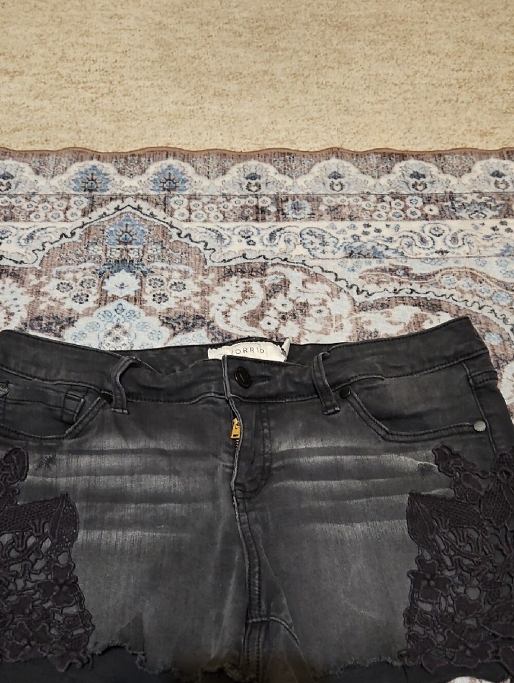 torrid Black Washed Denim Shorts with Lace Panels - Picture 2 of 7